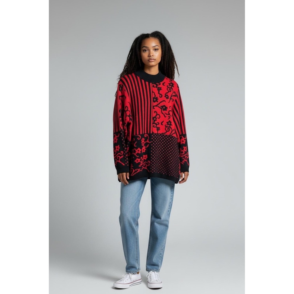 Patchwork Floral Stripe Knit Sweater Y2K Grunge Streetwear‎ Red Black XL
